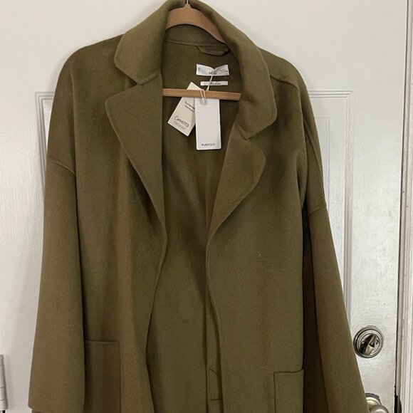 NWT Mango Olive Wool Long Coat with Belt – Size XL - Picture 1 of 9